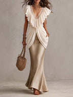 V Neck Ruffle Lace Trim Draped Overlay Top Satin Mermaid Maxi Dress Set