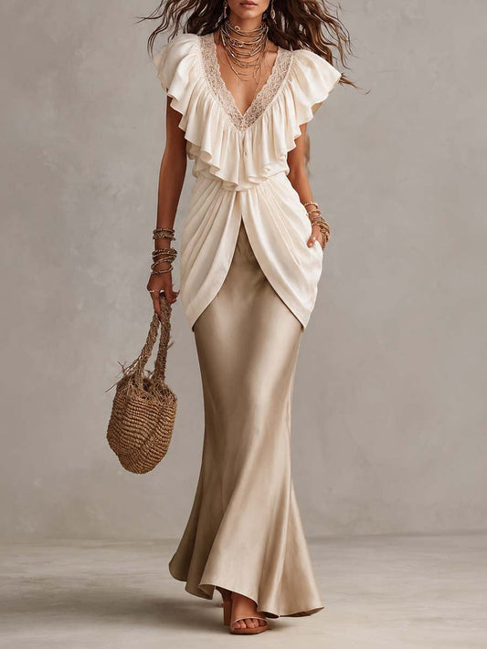 V Neck Ruffle Lace Trim Draped Overlay Top Satin Mermaid Maxi Dress Set