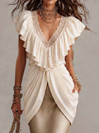 V Neck Ruffle Lace Trim Draped Overlay Top Satin Mermaid Maxi Dress Set