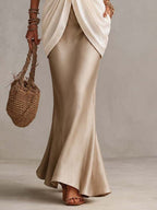 V Neck Ruffle Lace Trim Draped Overlay Top Satin Mermaid Maxi Dress Set