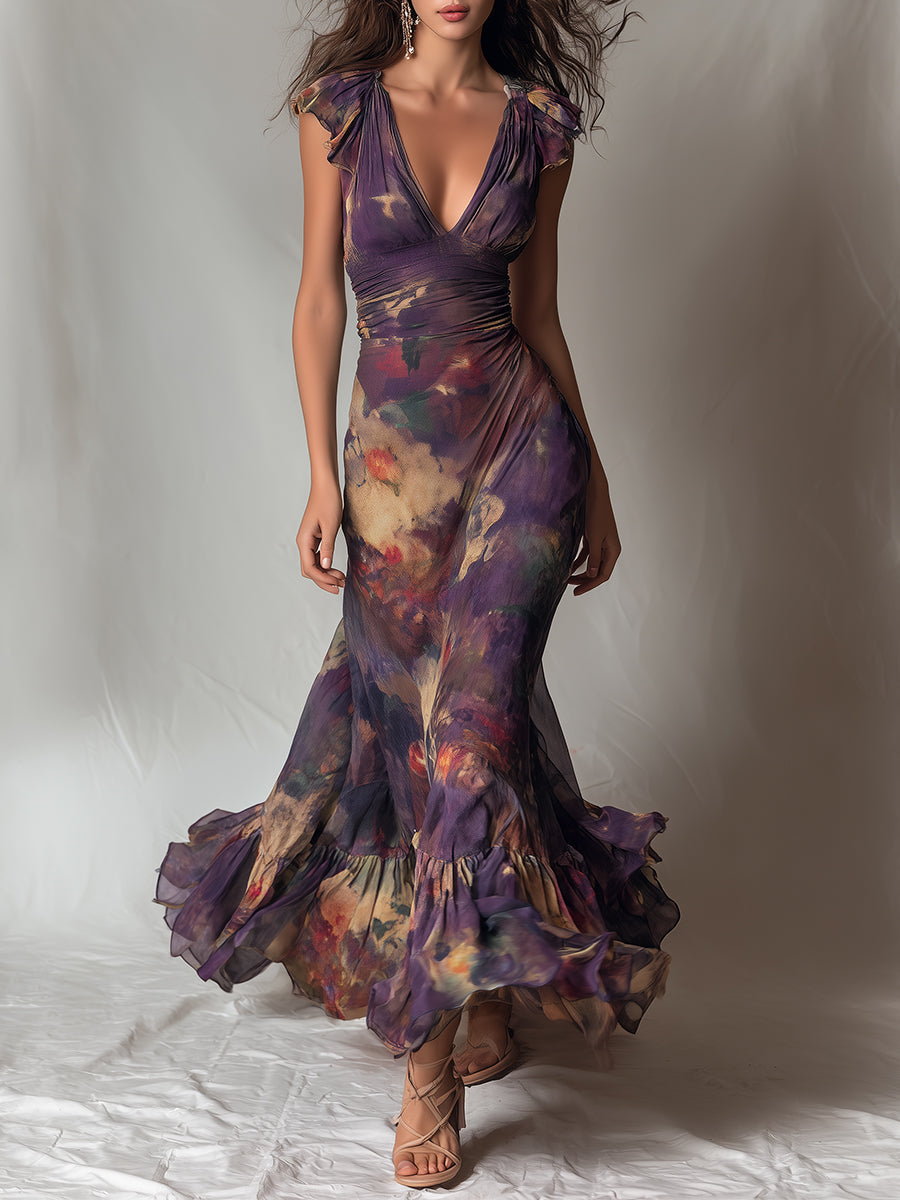 Purple Vintage Floral Deep V Ruffle Cap Sleeve Mermaid Maxi Dress