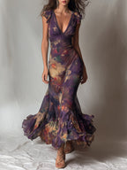 Purple Vintage Floral Deep V Ruffle Cap Sleeve Mermaid Maxi Dress