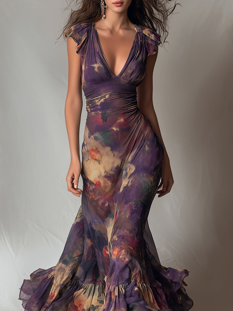 Purple Vintage Floral Deep V Ruffle Cap Sleeve Mermaid Maxi Dress