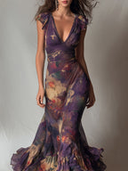Purple Vintage Floral Deep V Ruffle Cap Sleeve Mermaid Maxi Dress