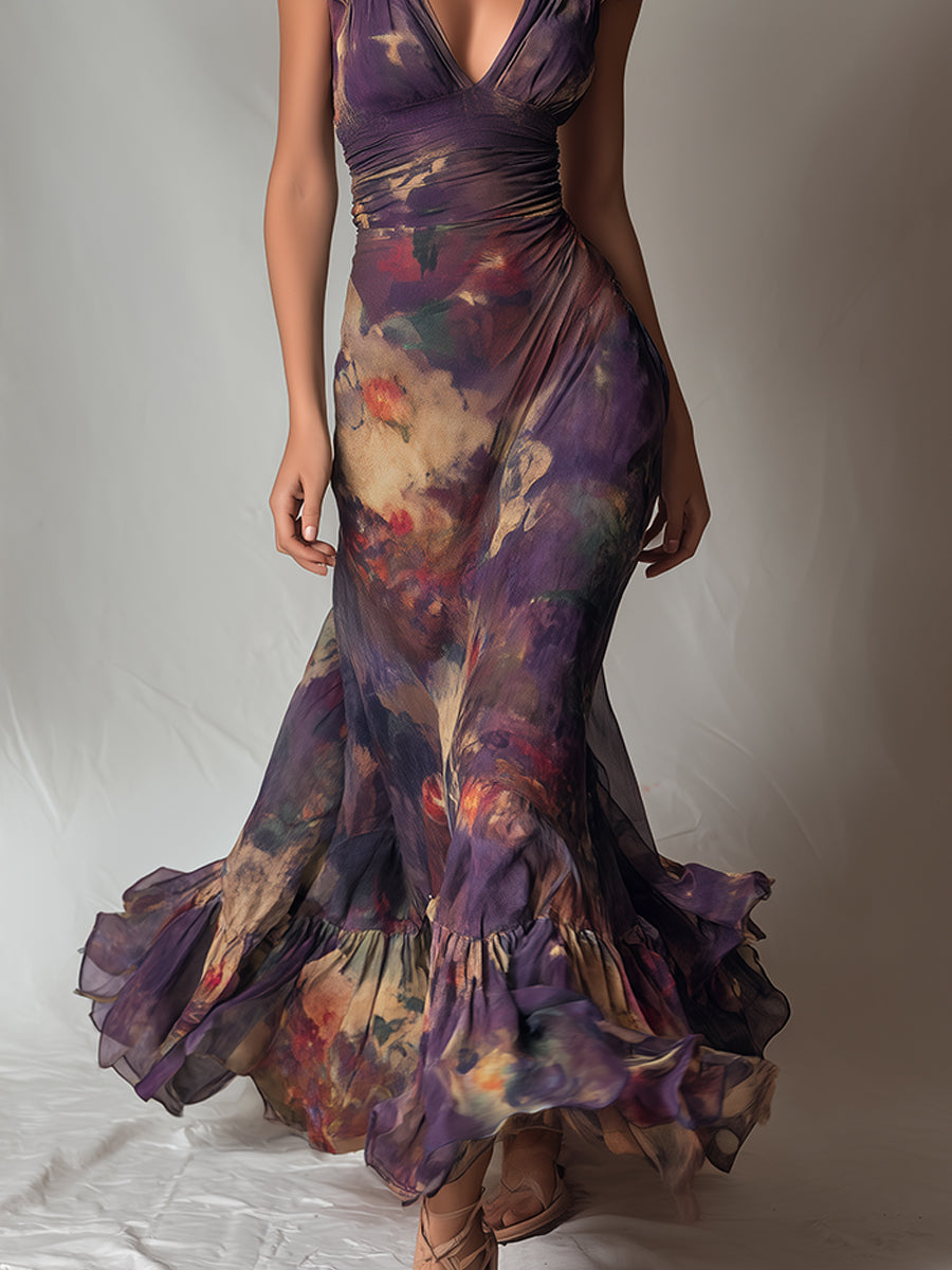 Purple Vintage Floral Deep V Ruffle Cap Sleeve Mermaid Maxi Dress