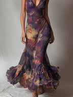 Purple Vintage Floral Deep V Ruffle Cap Sleeve Mermaid Maxi Dress