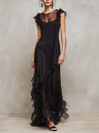 Black Layered Sheer Chiffon Ruffle-Trim Maxi Dress