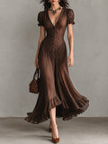Brown Elegant Puff-sleeve Ruffled Hem Maxi Dress