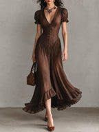 Brown Elegant Puff-sleeve Ruffled Hem Maxi Dress