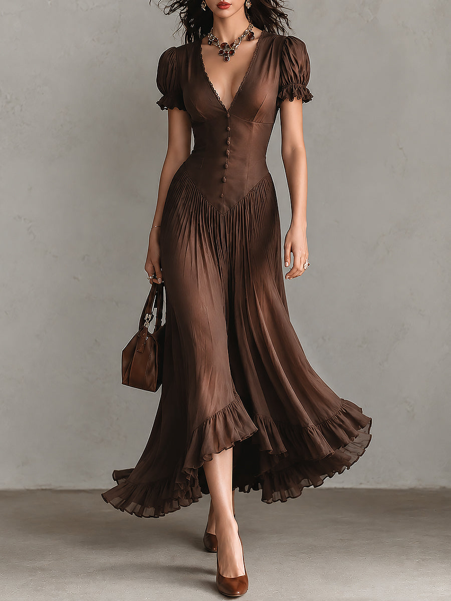 Brown Elegant Puff-sleeve Ruffled Hem Maxi Dress