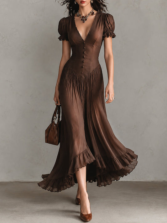 Brown Elegant Puff-sleeve Ruffled Hem Maxi Dress