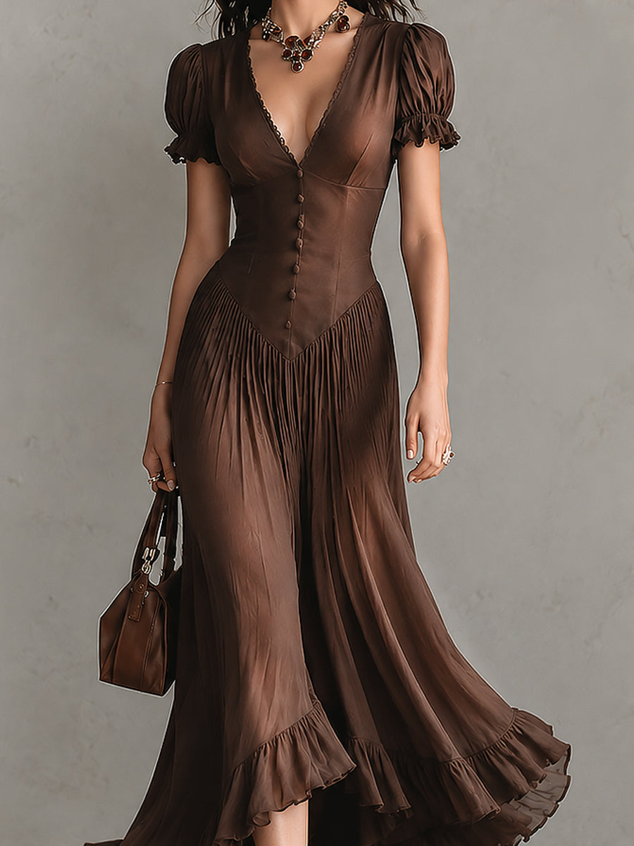Brown Elegant Puff-sleeve Ruffled Hem Maxi Dress