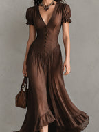 Brown Elegant Puff-sleeve Ruffled Hem Maxi Dress