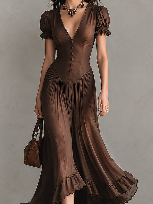 Brown Elegant Puff-sleeve Ruffled Hem Maxi Dress