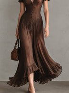 Brown Elegant Puff-sleeve Ruffled Hem Maxi Dress