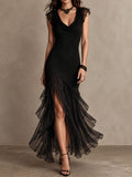 Retro Elegant Black Ribbing V-neck Chiffon Evening Dress