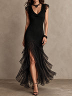Retro Elegant Black Ribbing V-neck Chiffon Evening Dress