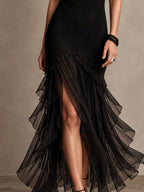 Retro Elegant Black Ribbing V-neck Chiffon Evening Dress