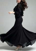 Black Ruffle Long Sleeve Top & Ribbed Mermaid Maxi Skirt Two-Piece Set