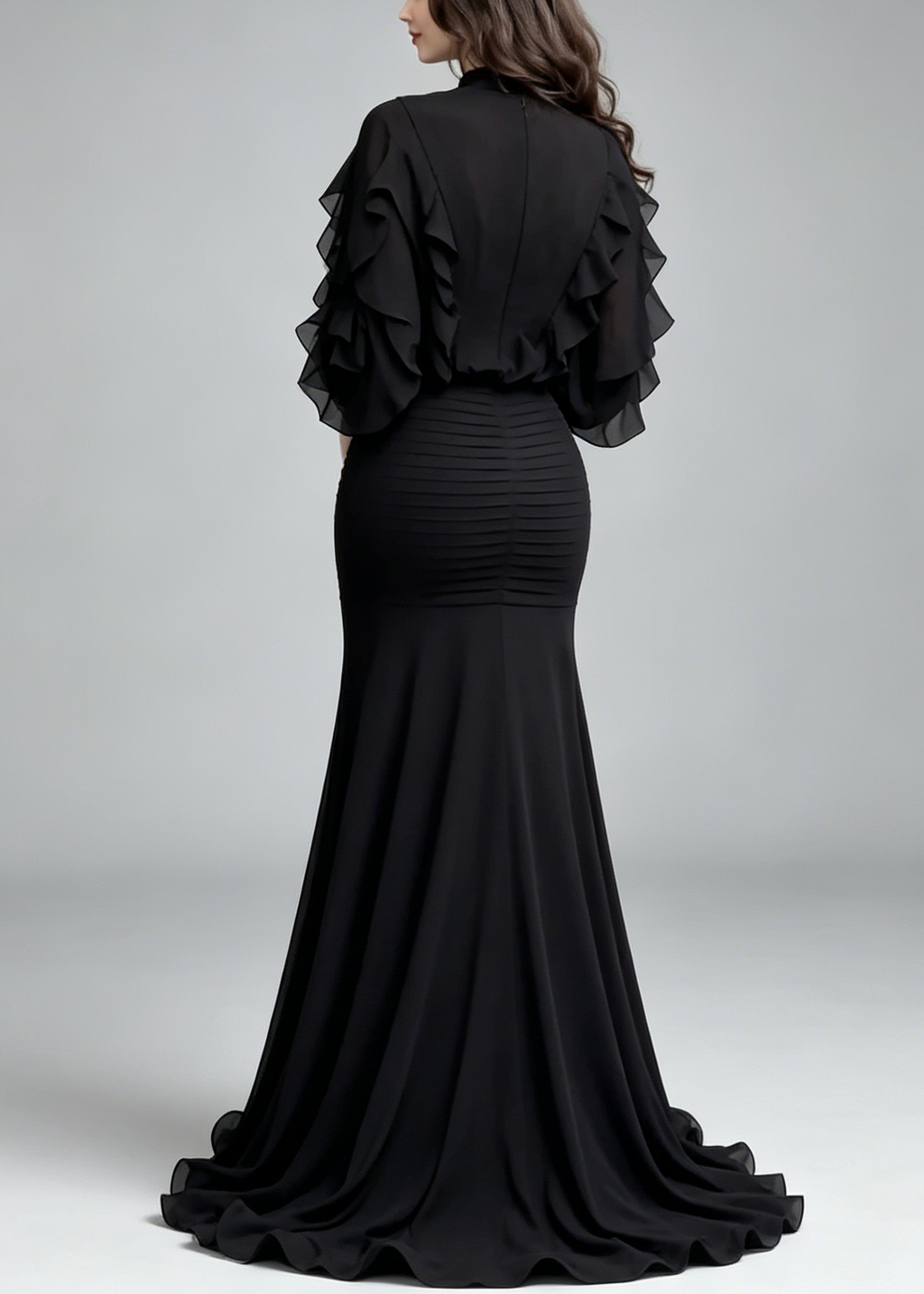 Black Ruffle Long Sleeve Top & Ribbed Mermaid Maxi Skirt Two-Piece Set