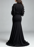 Black Ruffle Long Sleeve Top & Ribbed Mermaid Maxi Skirt Two-Piece Set