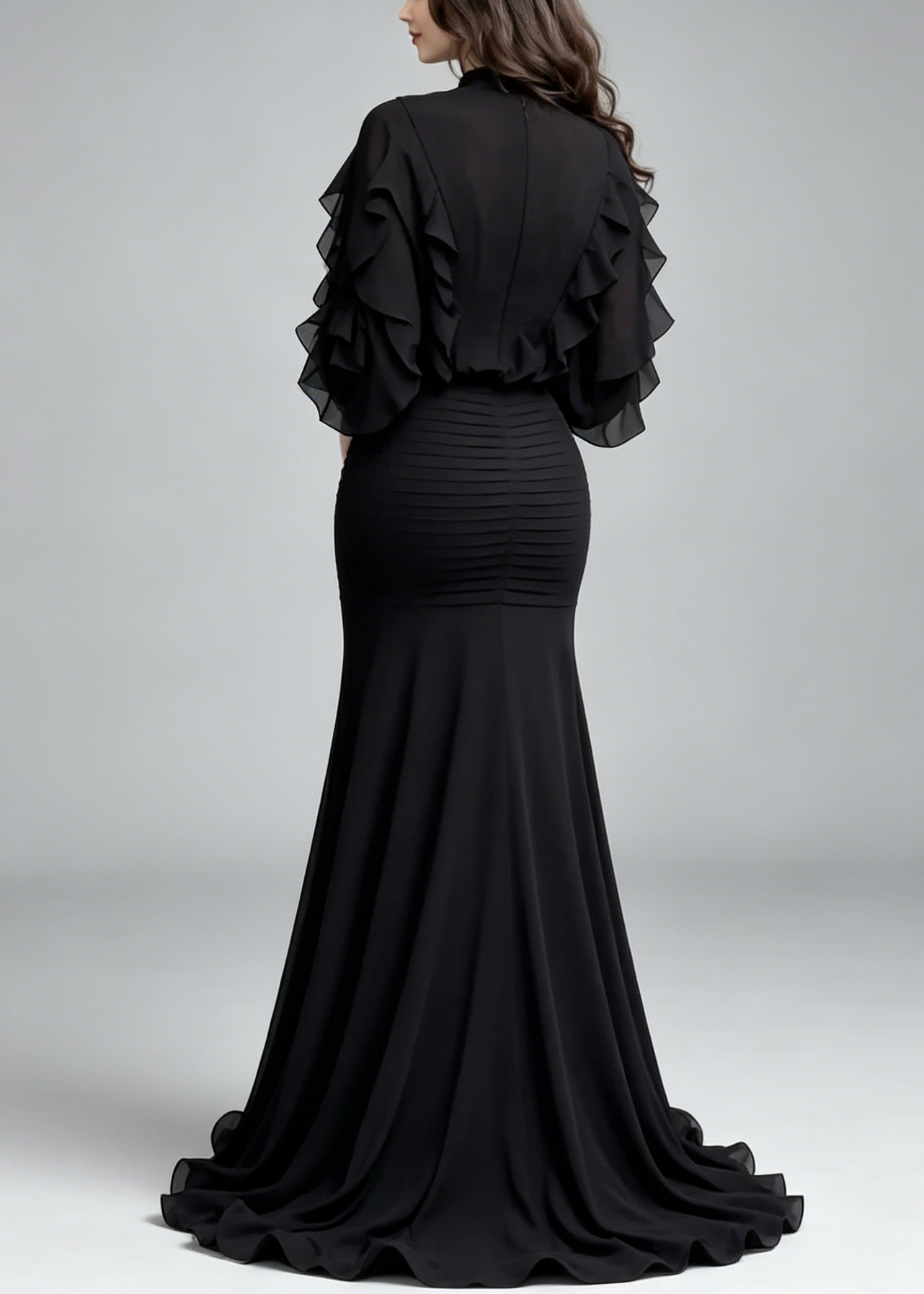 Black Ruffle Long Sleeve Top & Ribbed Mermaid Maxi Skirt Two-Piece Set