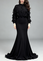Black Ruffle Long Sleeve Top & Ribbed Mermaid Maxi Skirt Two-Piece Set