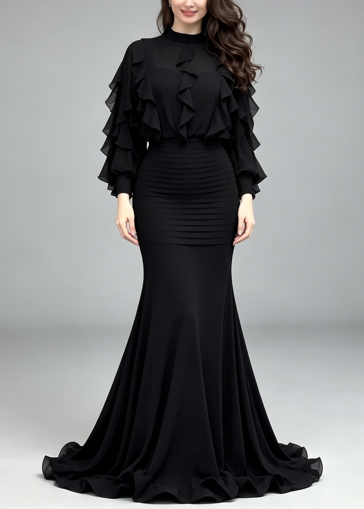 Black Ruffle Long Sleeve Top & Ribbed Mermaid Maxi Skirt Two-Piece Set