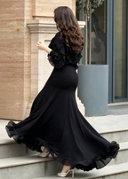 Black Ruffle Long Sleeve Top & Ribbed Mermaid Maxi Skirt Two-Piece Set