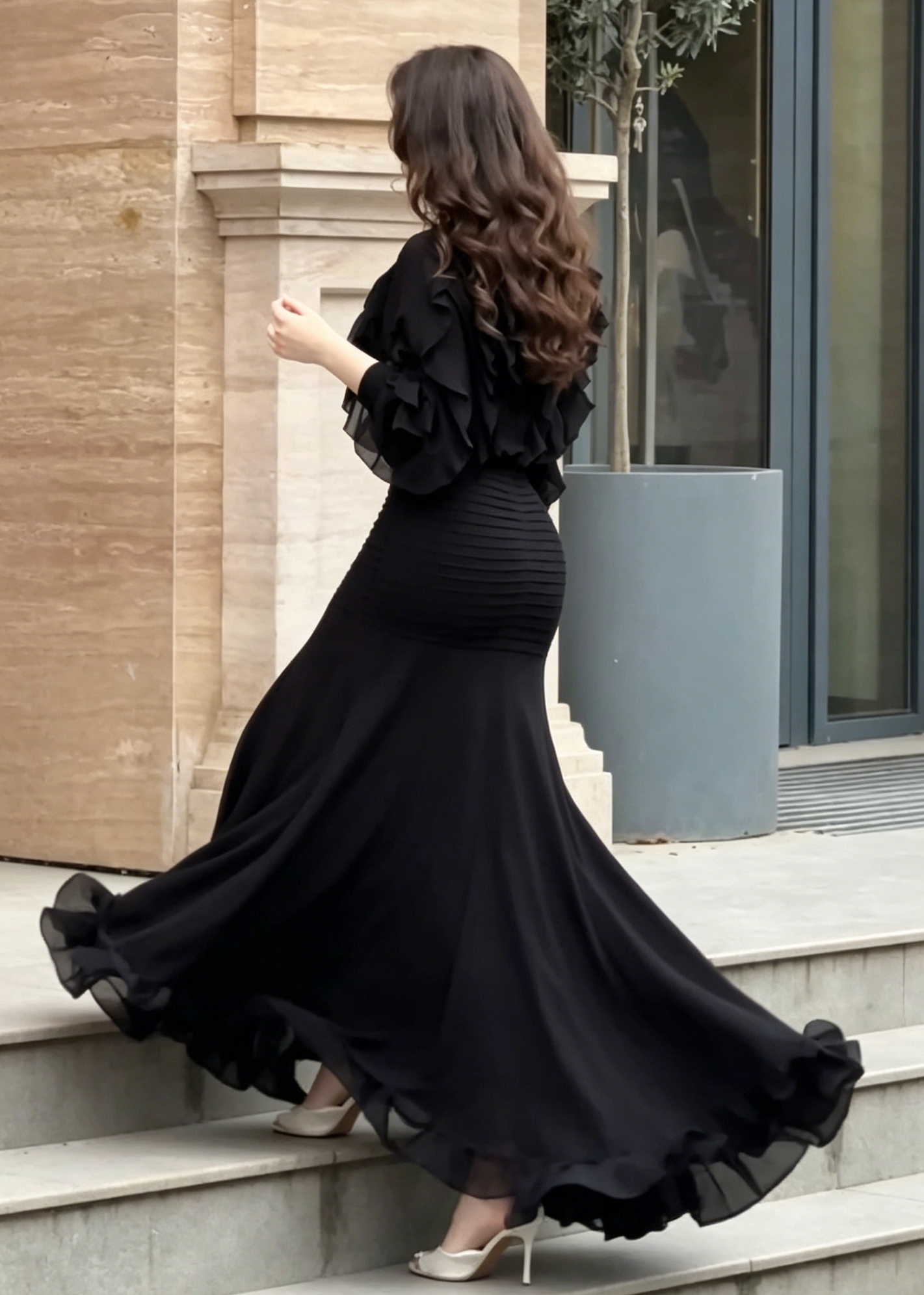 Black Ruffle Long Sleeve Top & Ribbed Mermaid Maxi Skirt Two-Piece Set