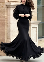 Black Ruffle Long Sleeve Top & Ribbed Mermaid Maxi Skirt Two-Piece Set
