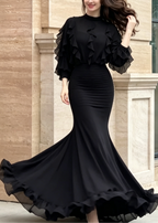 Black Ruffle Long Sleeve Top & Ribbed Mermaid Maxi Skirt Two-Piece Set