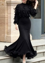 Black Ruffle Long Sleeve Top & Ribbed Mermaid Maxi Skirt Two-Piece Set
