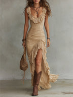Boho Ruffled-Collar Lace High Slit Maxi Dress