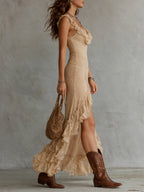 Boho Ruffled-Collar Lace High Slit Maxi Dress