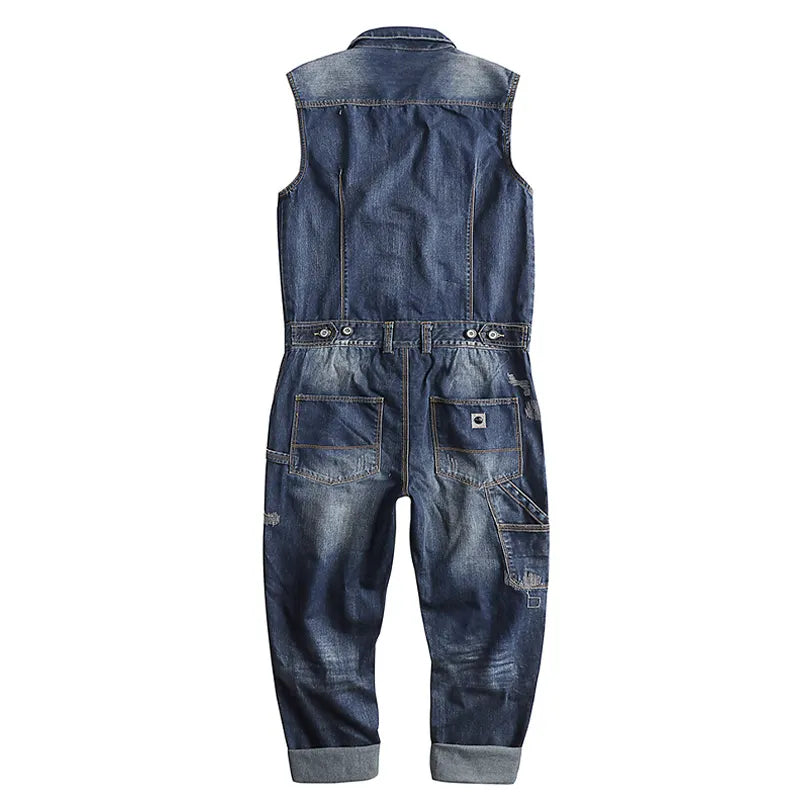 Washed And Worn Denim Straight Loose Fitting Suit Jumpsuit