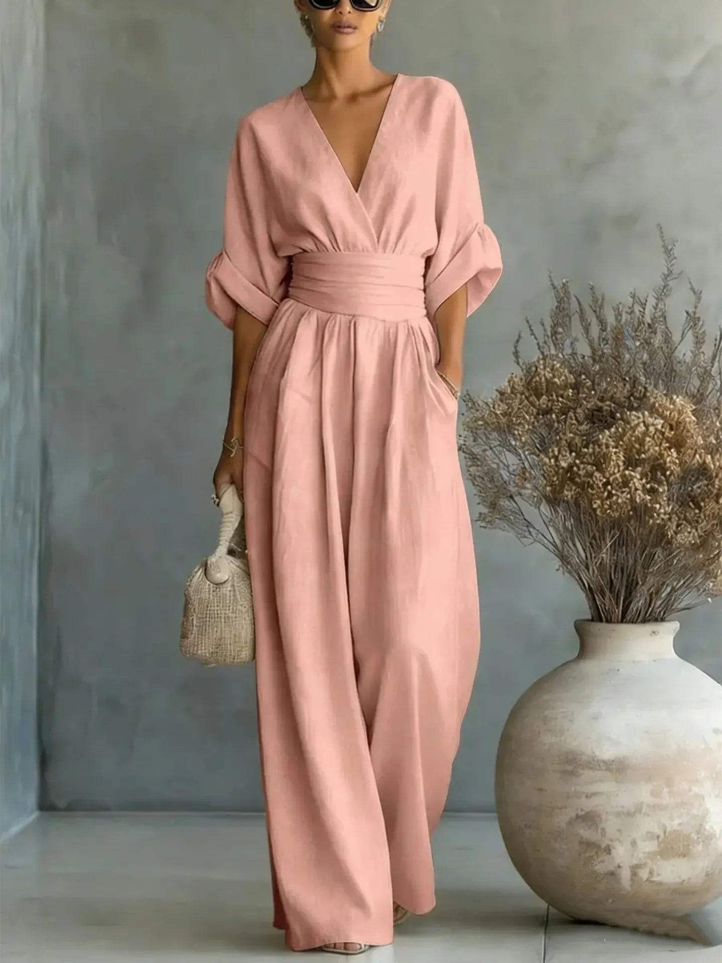Flowy V-Neck Wide-Leg Jumpsuit with Waist Tie