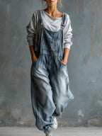 Casual Retro Washed Denim Blue Pocket Overalls