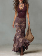 Women's Retro Floral Purple Halter-Neck Maxi Dress Set