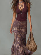 Women's Retro Floral Purple Halter-Neck Maxi Dress Set