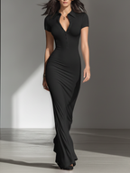 Solid Black Minimalist Buttons V-Neck Fitted Maxi Dress