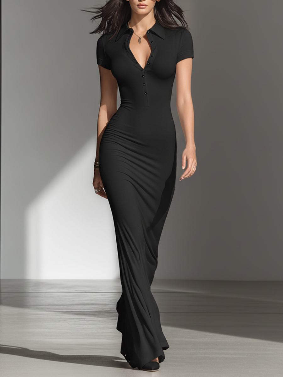 Solid Black Minimalist Buttons V-Neck Fitted Maxi Dress