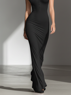 Solid Black Minimalist Buttons V-Neck Fitted Maxi Dress