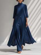 Navy Blue Light Chiffon Co-Ord Dress And Wide-leg Trousers Two-Piece Set
