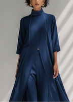 Navy Blue Light Chiffon Co-Ord Dress And Wide-leg Trousers Two-Piece Set