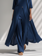 Navy Blue Light Chiffon Co-Ord Dress And Wide-leg Trousers Two-Piece Set