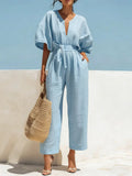 Women's Solid Color Stylish Casual Cotton Linen Jumpsuit