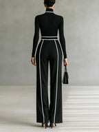 Long Sleeve High Neck Top Set with White Trim, Wide Leg Pants and Belt