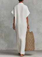 Women's Solid Color Collared Short-sleeved Casual Loose Linen Dress
