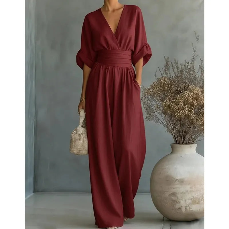 Flowy V-Neck Wide-Leg Jumpsuit with Waist Tie